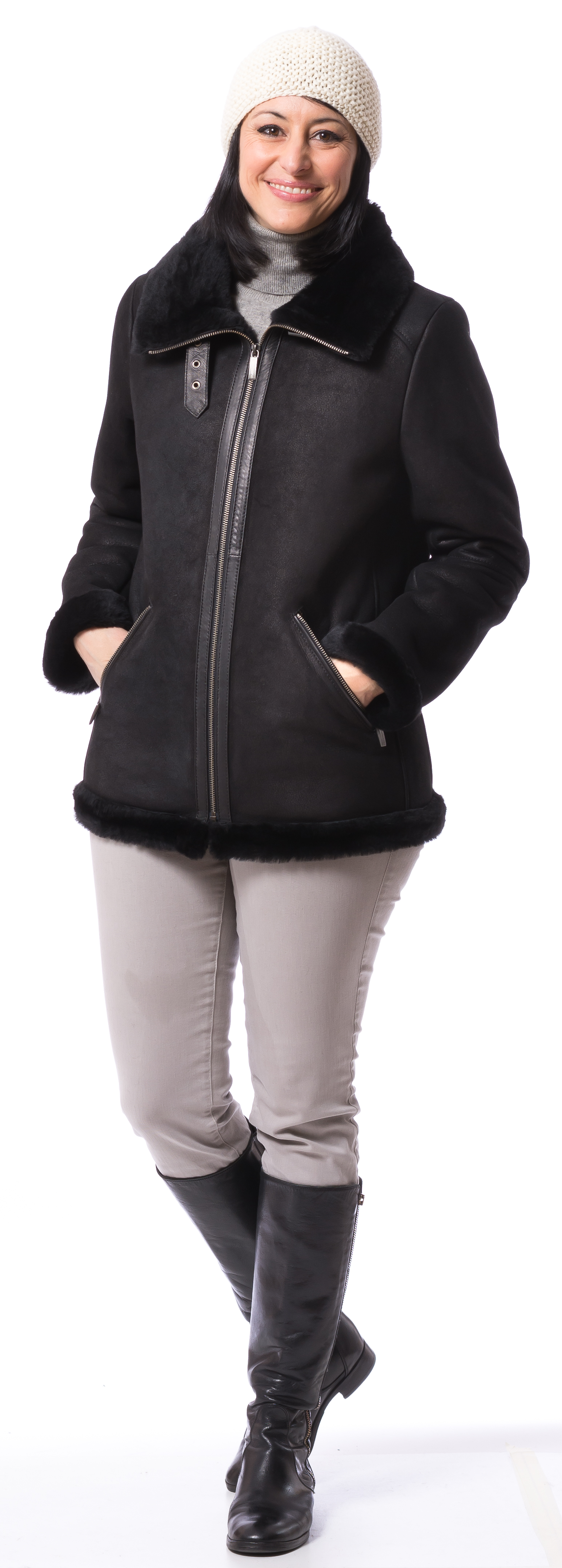 Cruzita schwarze Damen Lammfelljacke 