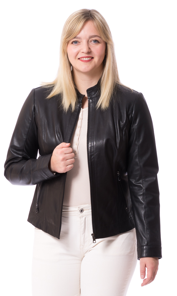 Angy schwarze Kurzjacke aus Nappaleder für Damen von TRENDZONE