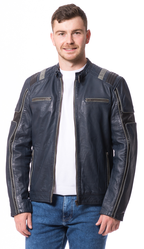 Moreno blaue Nappa Lederjacke im Bikerstil von TRENDZONE