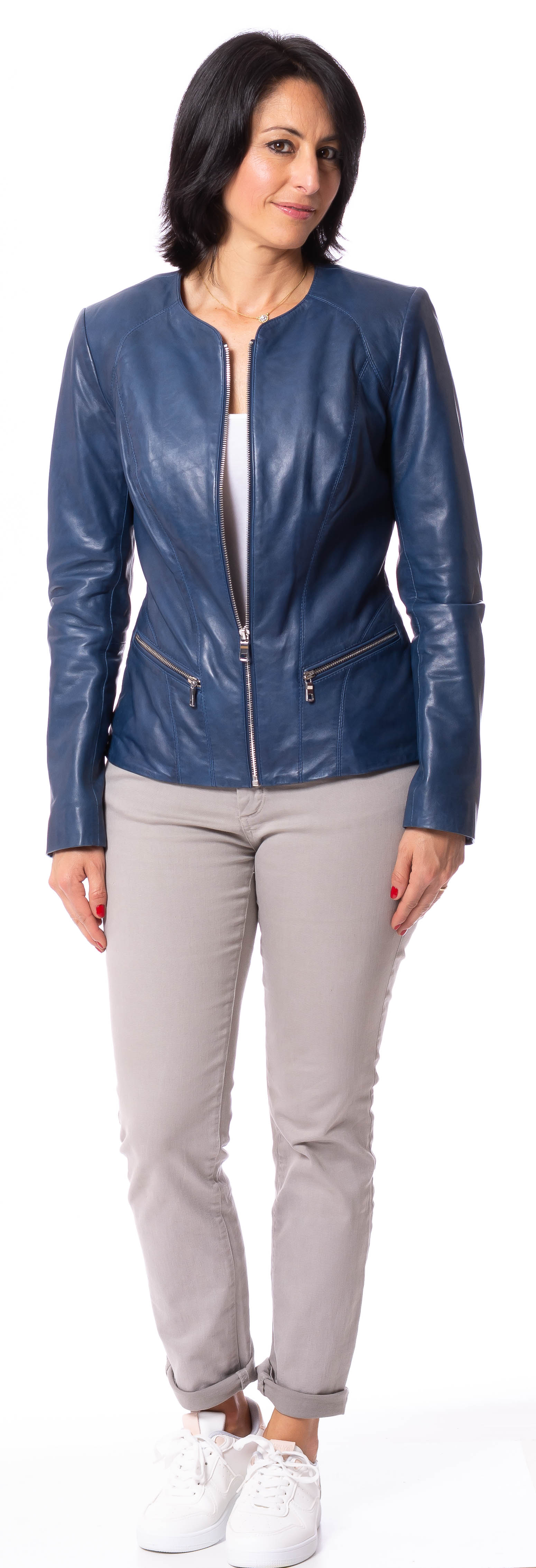 K-16-19 blaue kragenlose Jacke aus Lammleder