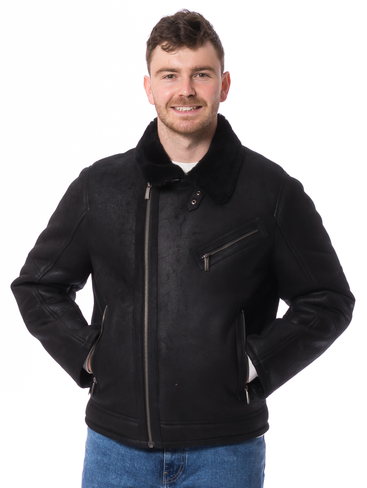 New Daytona schwarz Lammfell Bikerjacke für Herren von TRENDZONE