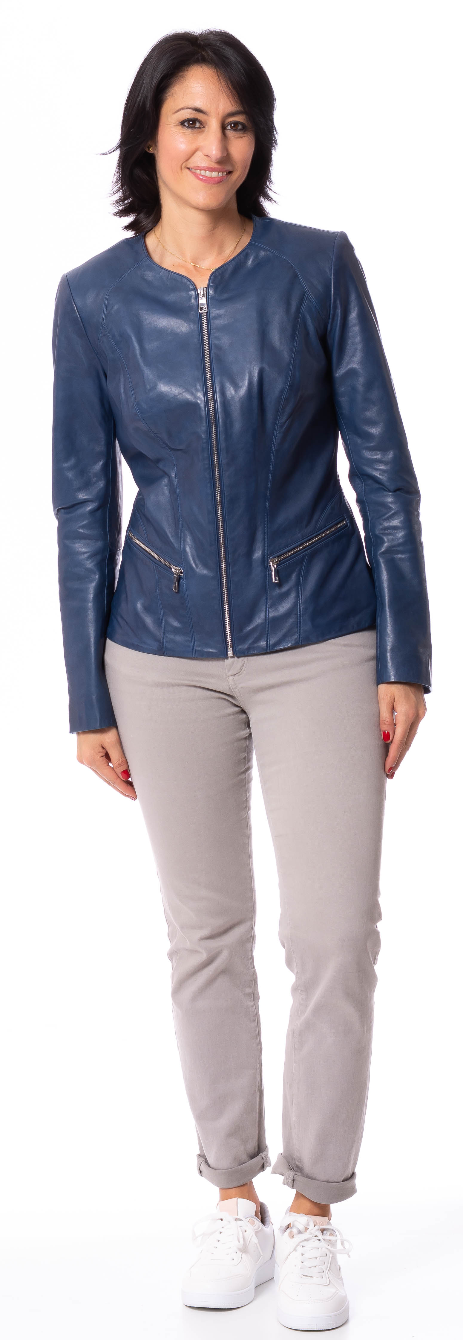 K-16-19 blaue kragenlose Jacke aus Lammleder