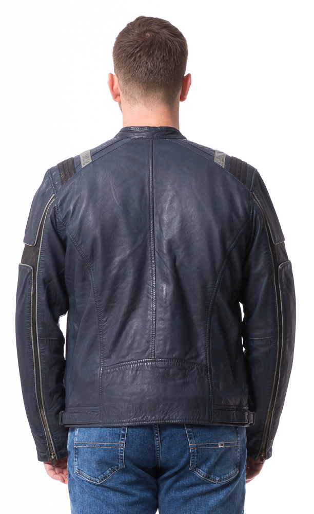 Moreno blaue Nappa Lederjacke im Bikerstil von TRENDZONE