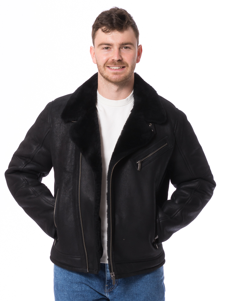 New Daytona schwarz Lammfell Bikerjacke für Herren von TRENDZONE