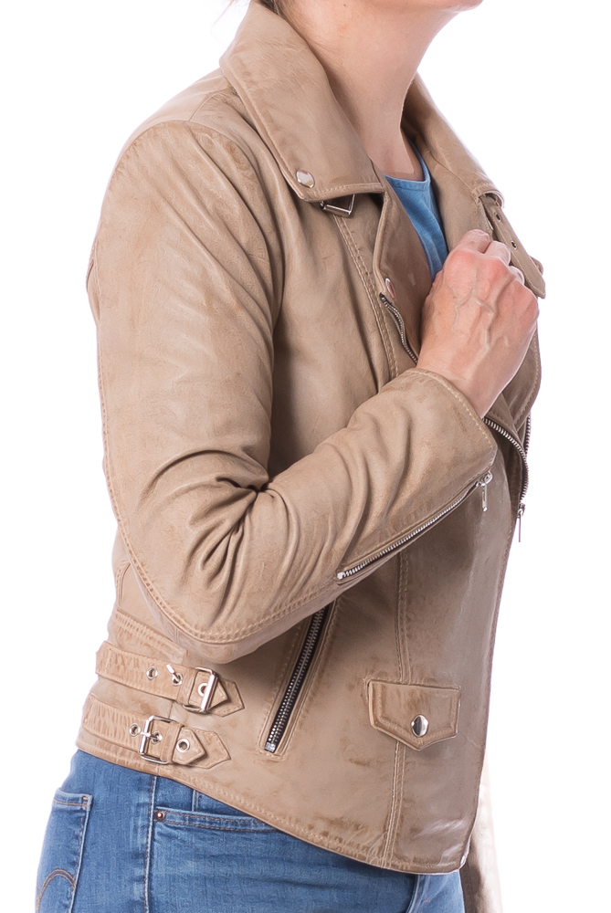 Olga beige  Damen Biker Lederjacke von TRENDZONE 