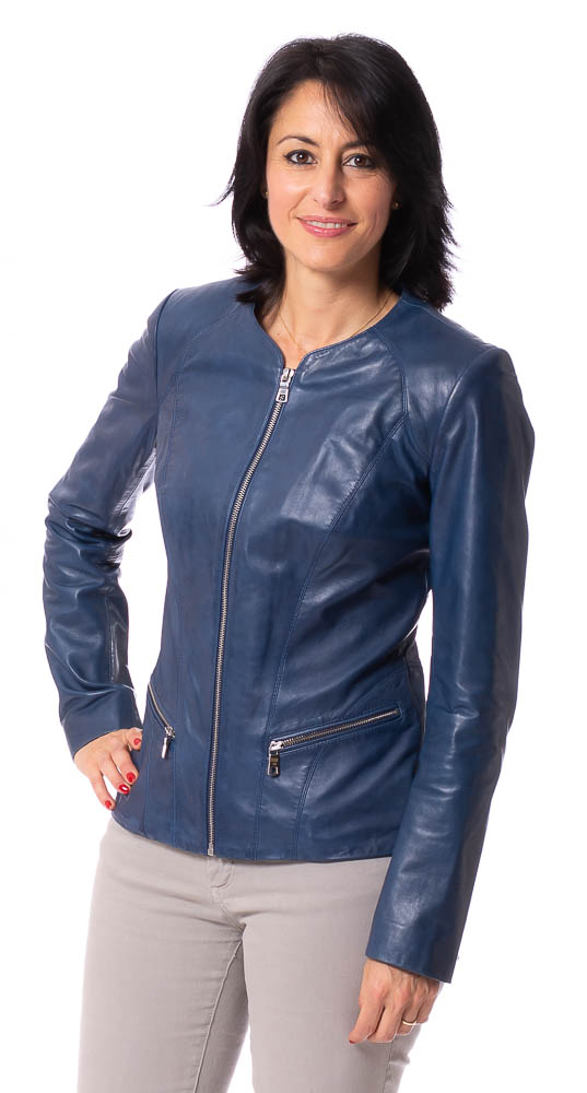 K-16-19 blaue kragenlose Jacke aus Lammleder